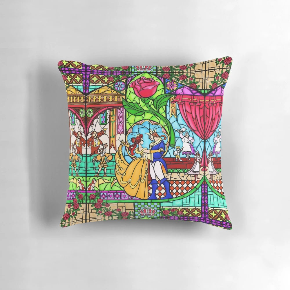 Decorative pillow with a stained glass window design, featuring roses and a fairytale-inspired pattern.