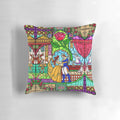 Decorative pillow with a stained glass window design, featuring roses and a fairytale-inspired pattern.