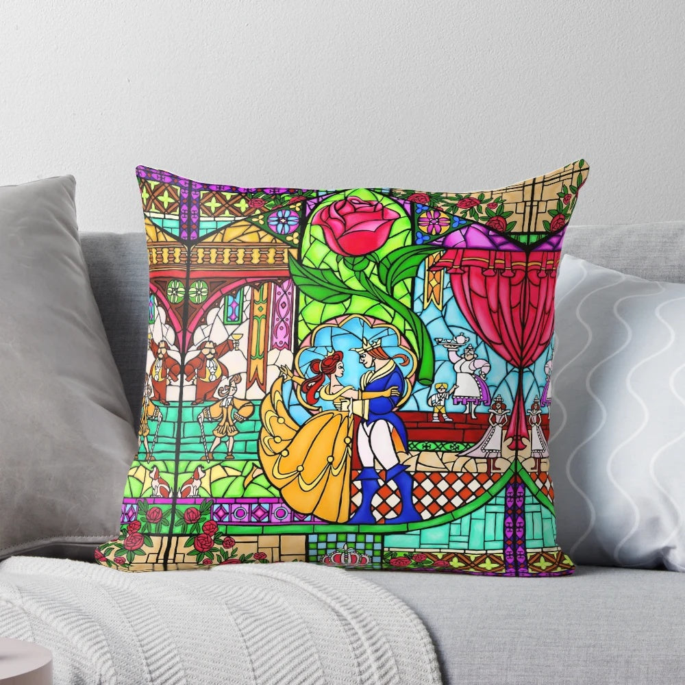 Decorative pillow with a stained glass window design, featuring roses and a fairytale-inspired pattern.