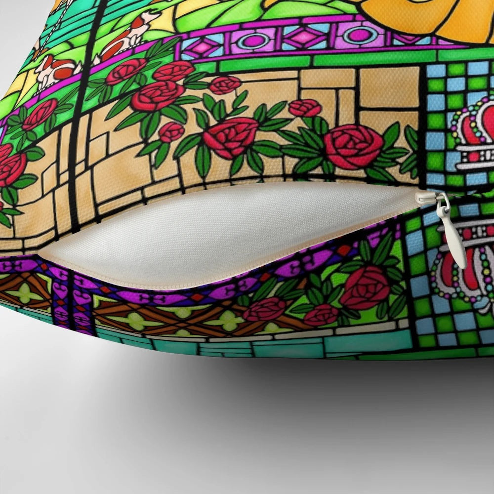 Decorative pillow with a stained glass window design, featuring roses and a fairytale-inspired pattern.
