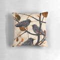 Decorative pillow featuring a detailed illustration of a starling bird perched on branches with autumn leaves