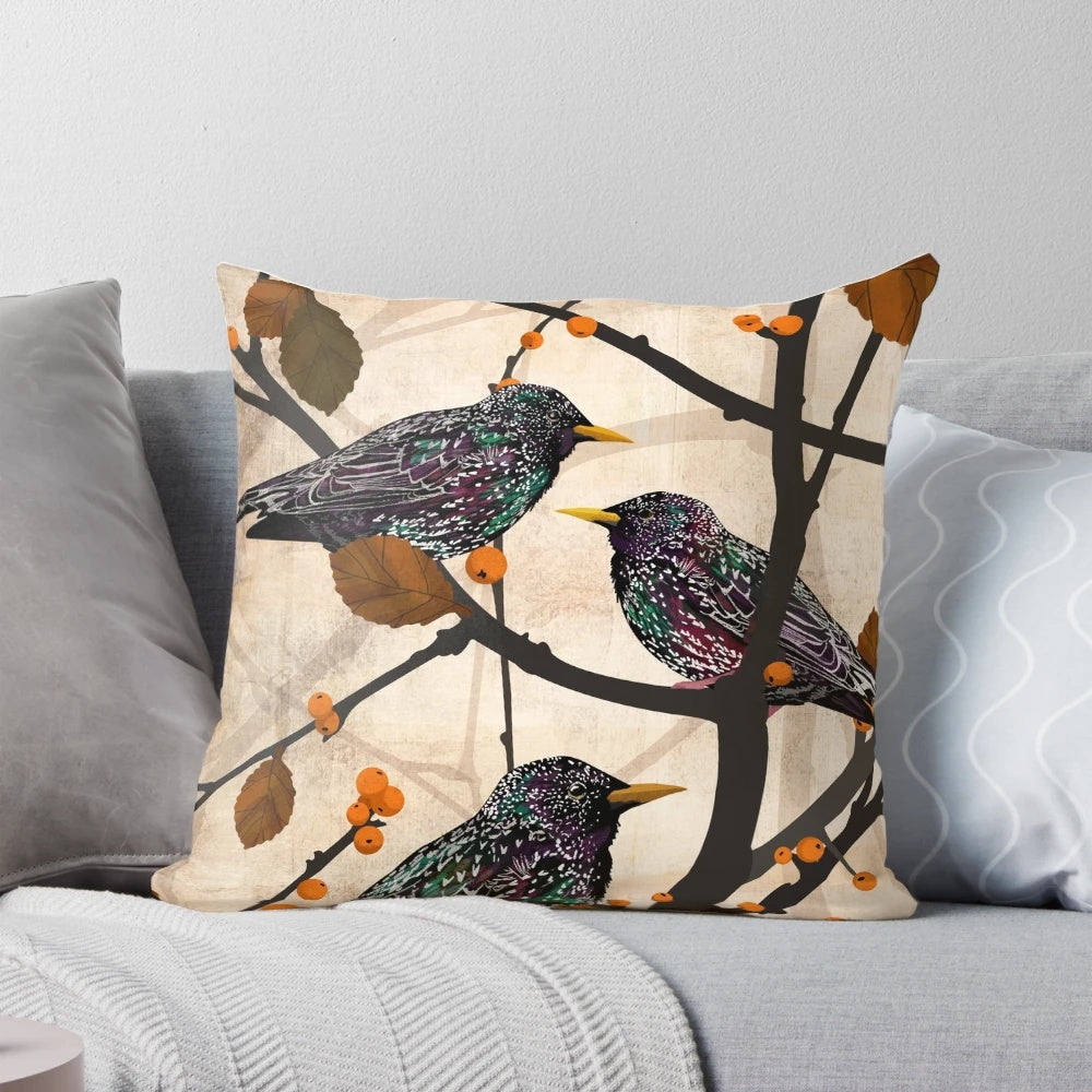 Decorative pillow featuring a detailed illustration of a starling bird perched on branches with autumn leaves