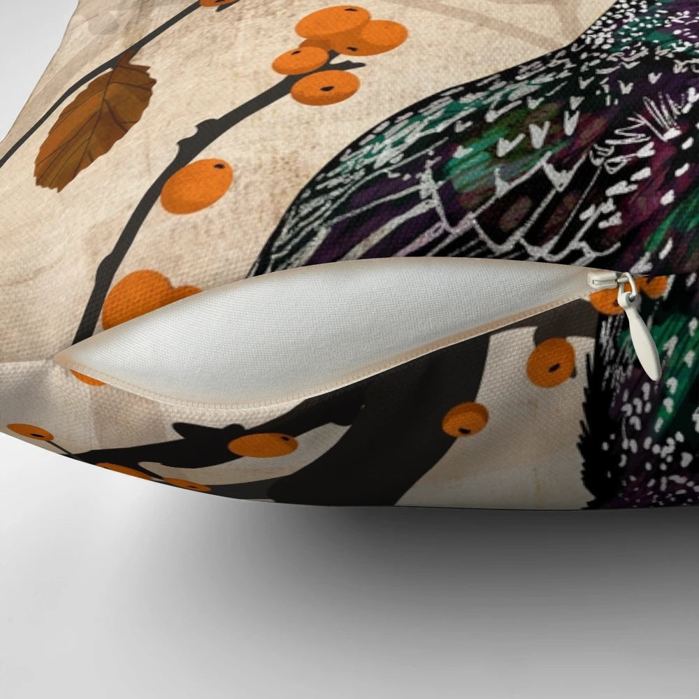 Decorative pillow featuring a detailed illustration of a starling bird perched on branches with autumn leaves