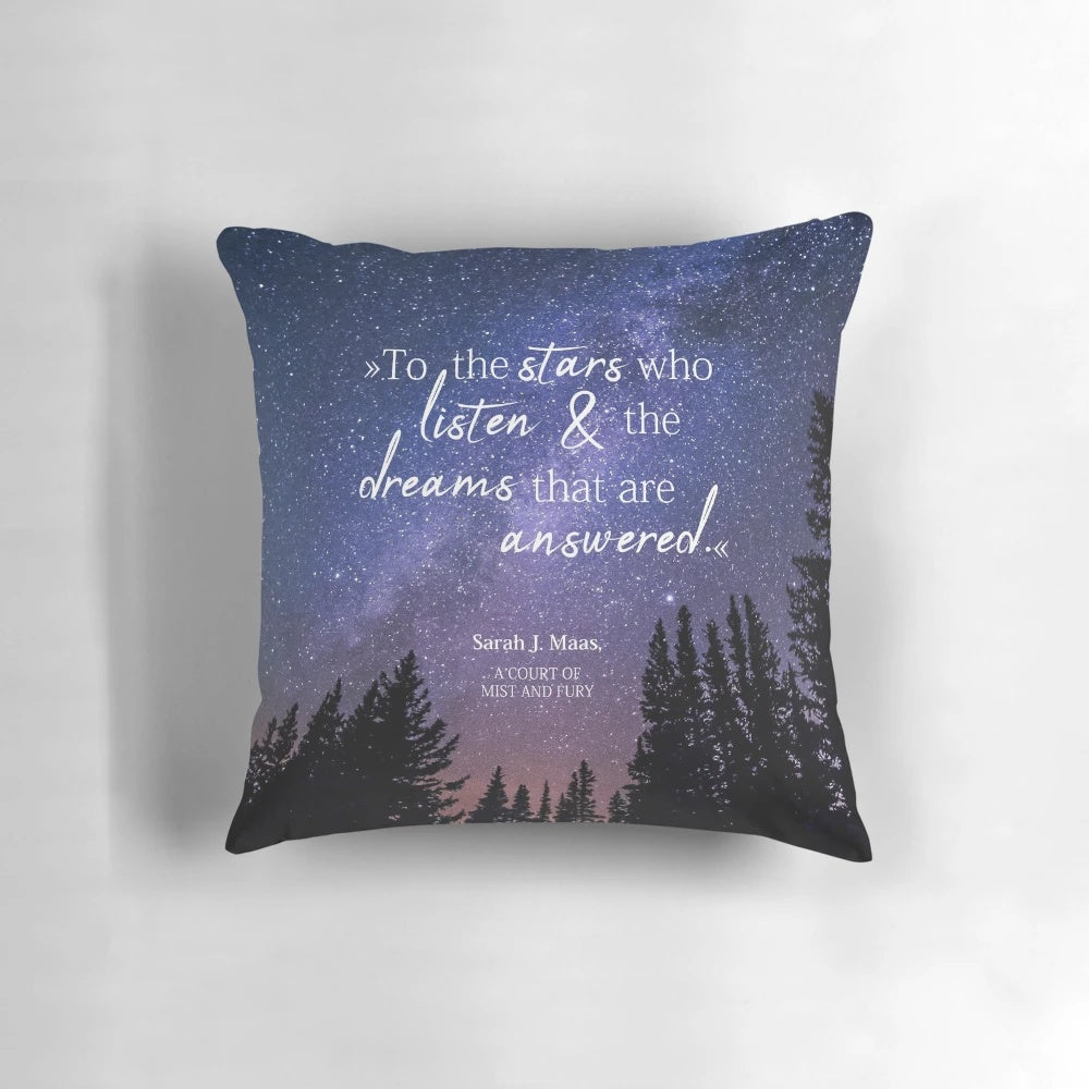Decorative pillow featuring a quote from Sarah J. Maas' "Court of Mist and Fury" series