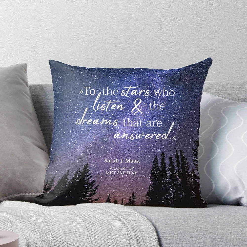 Decorative pillow featuring a quote from Sarah J. Maas' "Court of Mist and Fury" series