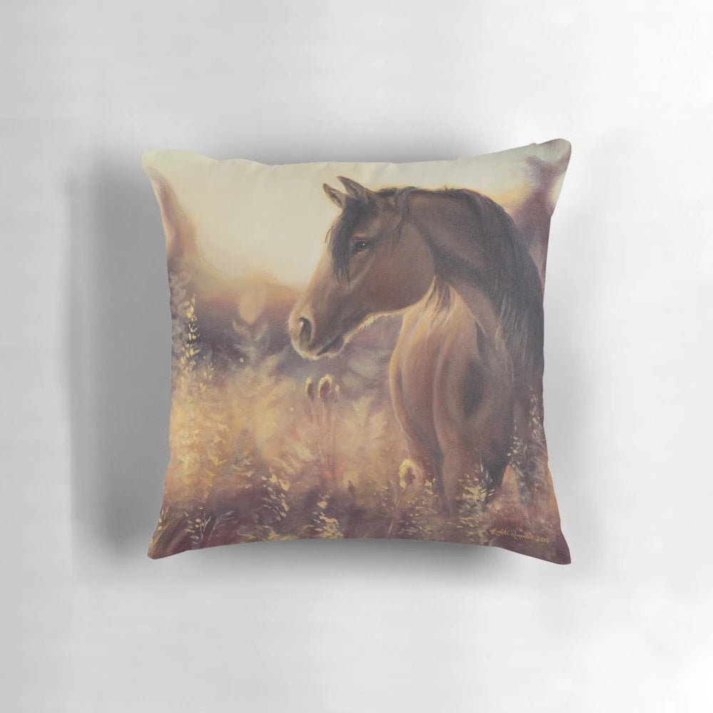 A beautifully printed "Sunset Horse" pillow with a dreamy, fantasy-inspired design.