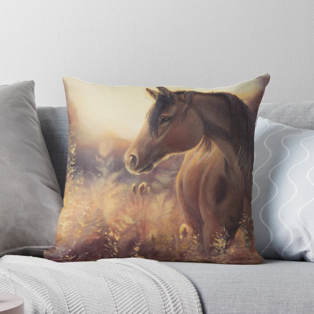 A beautifully printed "Sunset Horse" pillow with a dreamy, fantasy-inspired design.