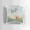 Aloft Pillow featuring a surreal collage design with a rhino in a hot air balloon, inspired by fantasy and Marie Antoinette themes.