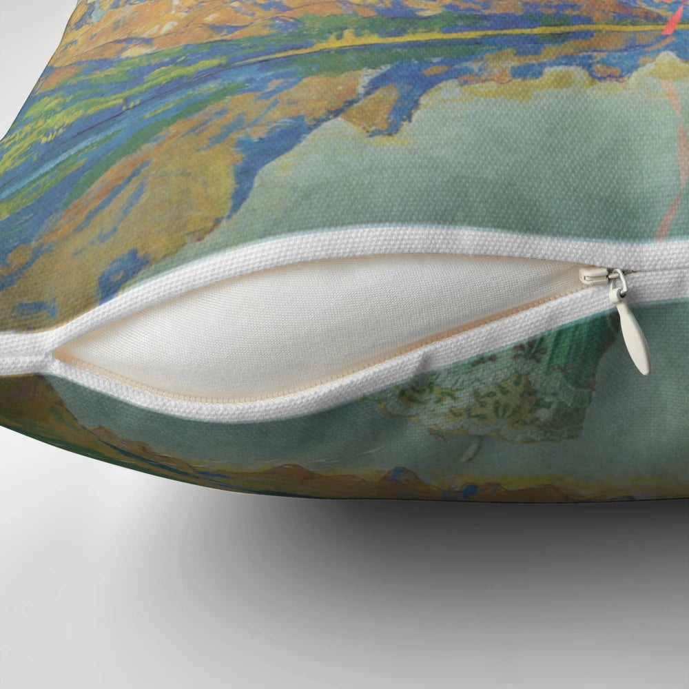 Aloft Pillow featuring a surreal collage design with a rhino in a hot air balloon, inspired by fantasy and Marie Antoinette themes.
