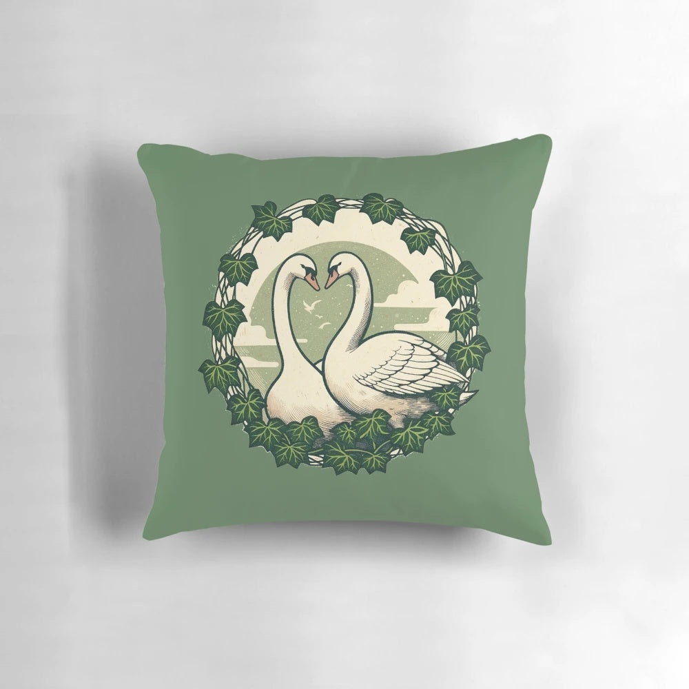 Beautifully illustrated pillow featuring a pair of graceful swans in a lush, green setting
