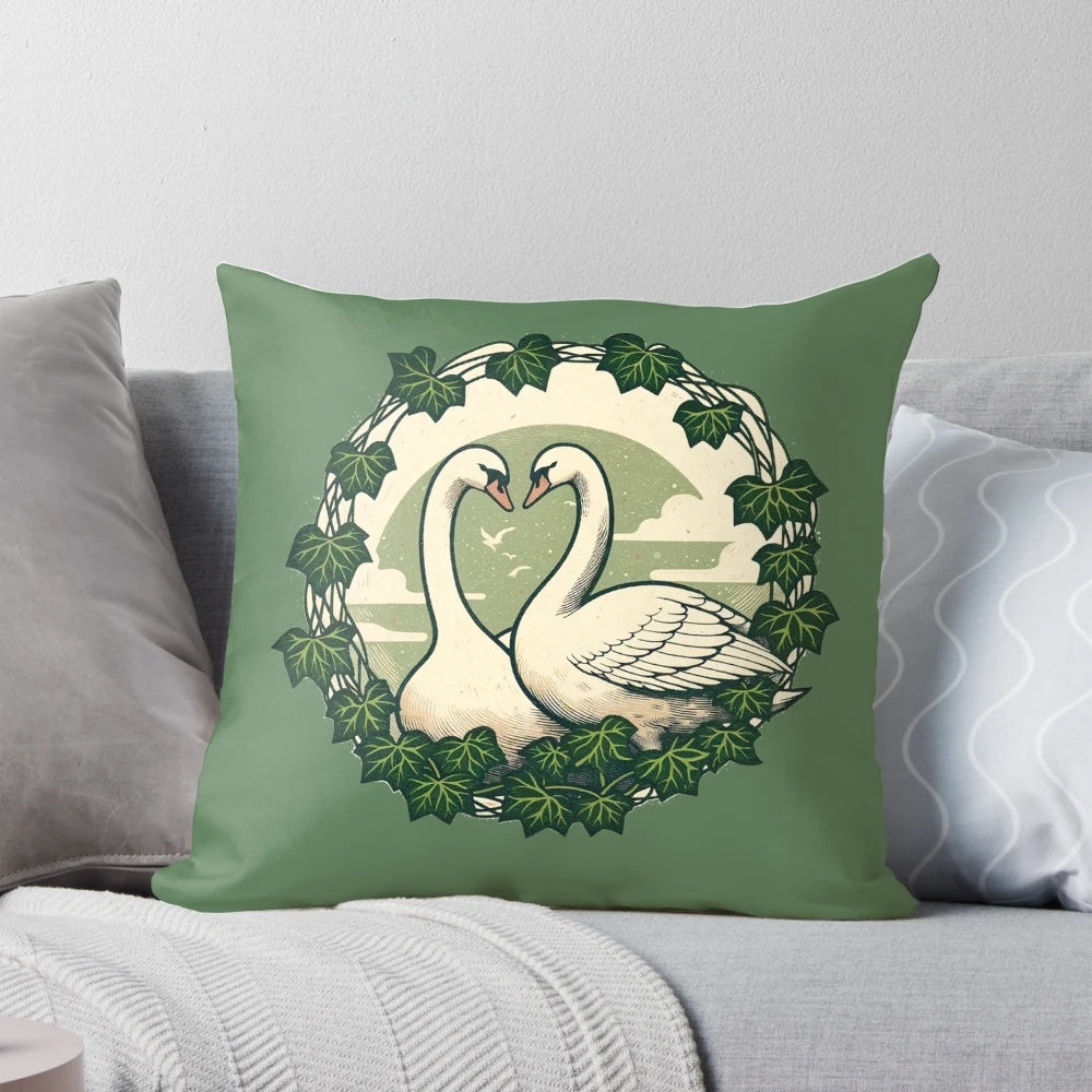 Beautifully illustrated pillow featuring a pair of graceful swans in a lush, green setting