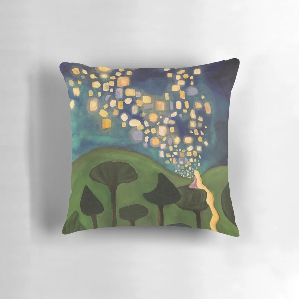 Tangled-inspired pillow featuring floating magical lights and Rapunzel's princess design