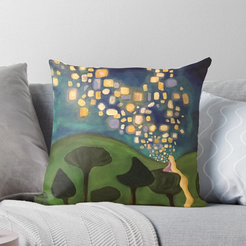 Tangled-inspired pillow featuring floating magical lights and Rapunzel's princess design
