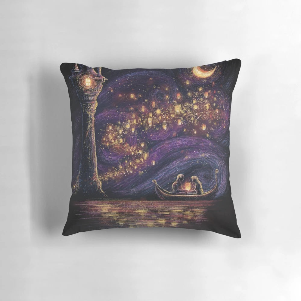A soft, decorative pillow featuring the iconic lanterns from the Disney movie Tangled.