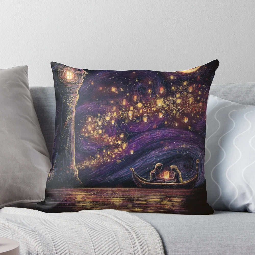 A soft, decorative pillow featuring the iconic lanterns from the Disney movie Tangled.