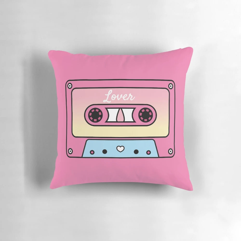 Soft, cozy pillow featuring the cover art of Taylor Swift's album "Lover" on a vintage-style cassette tape