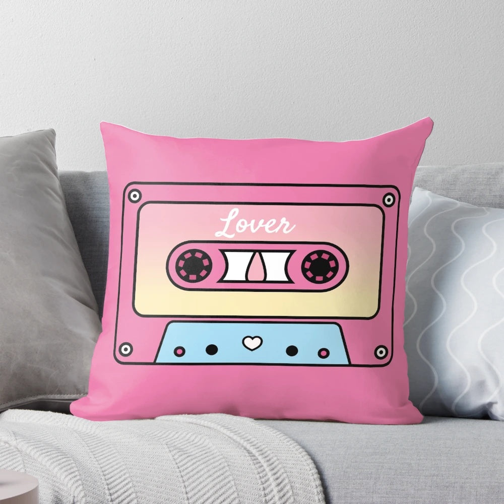 Soft, cozy pillow featuring the cover art of Taylor Swift's album "Lover" on a vintage-style cassette tape
