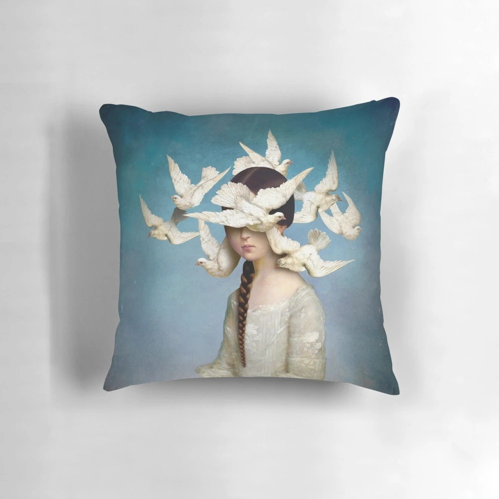 Exquisite 'The Beginning' pillow featuring a surreal fantasy artwork by artist Christian Schloe