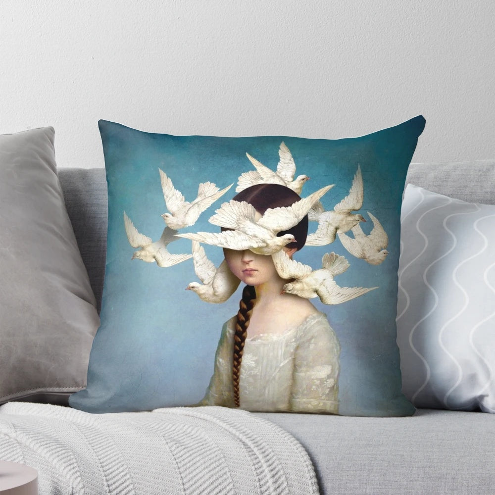 Exquisite 'The Beginning' pillow featuring a surreal fantasy artwork by artist Christian Schloe