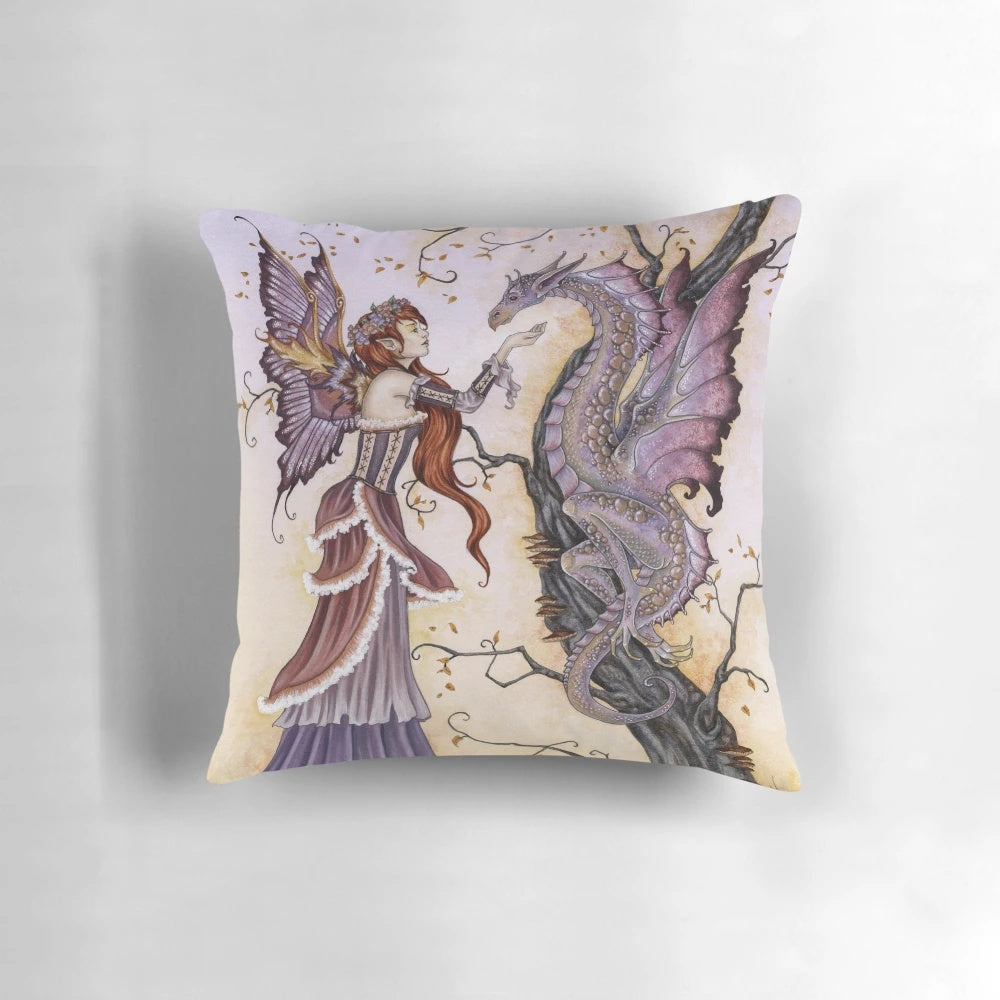 Whimsical 'The Dragon Charmer' fairy and dragon fantasy-themed pillow by artist Amy Brown