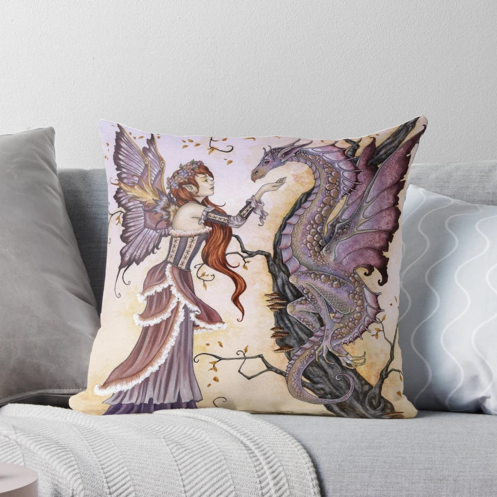 Whimsical 'The Dragon Charmer' fairy and dragon fantasy-themed pillow by artist Amy Brown