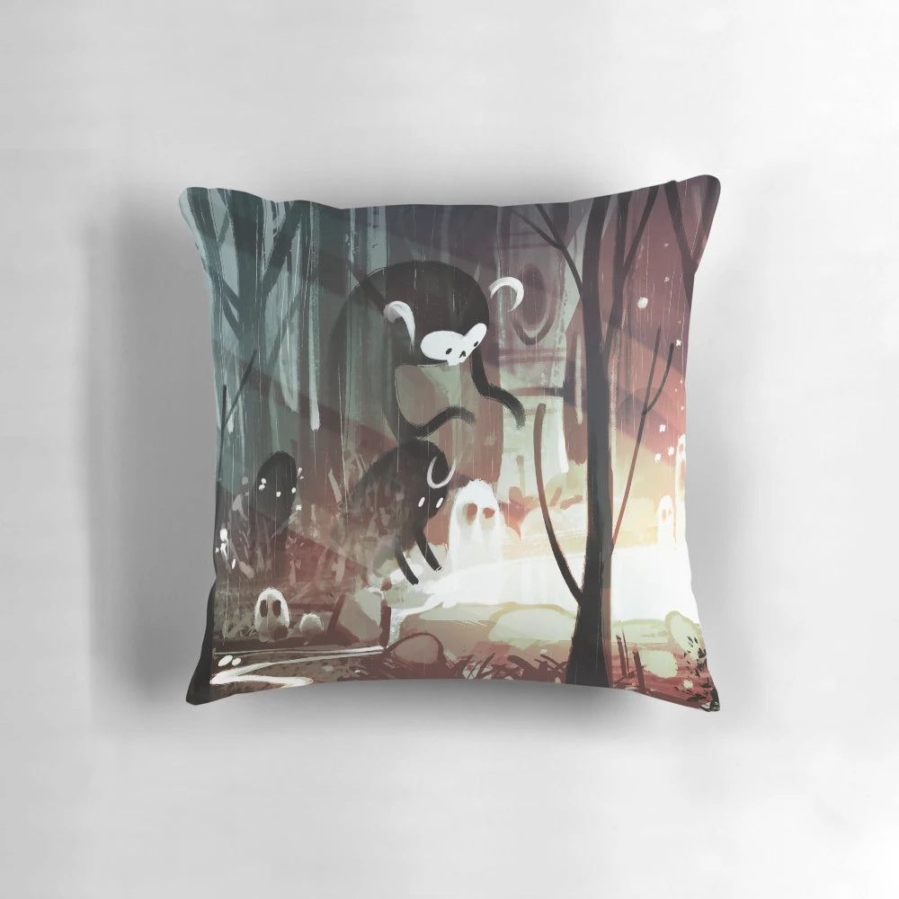 Magical forest landscape pillow featuring original art by Elentori