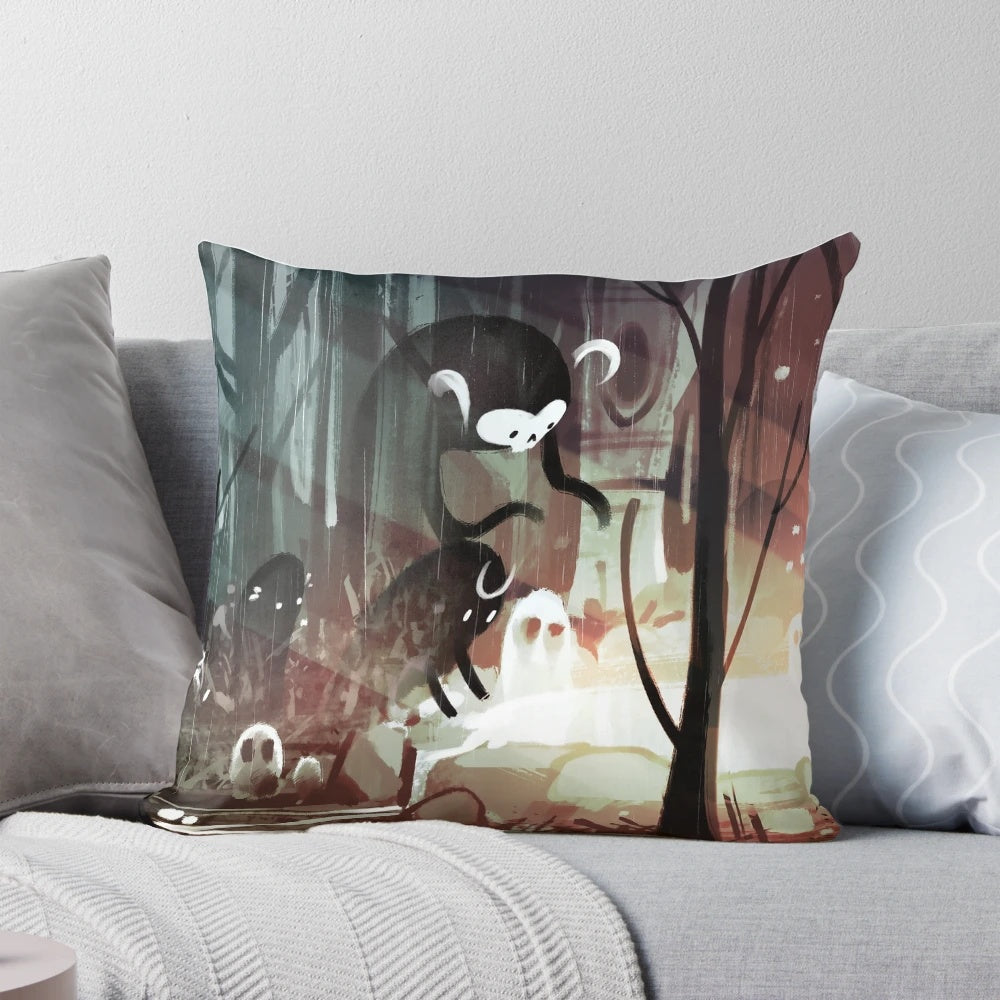 Magical forest landscape pillow featuring original art by Elentori