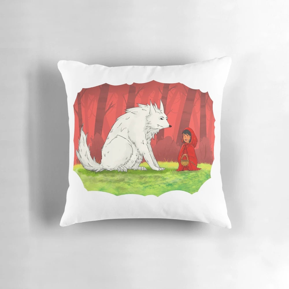 Whimsical pillow design featuring a girl and a wolf in a serene forest setting