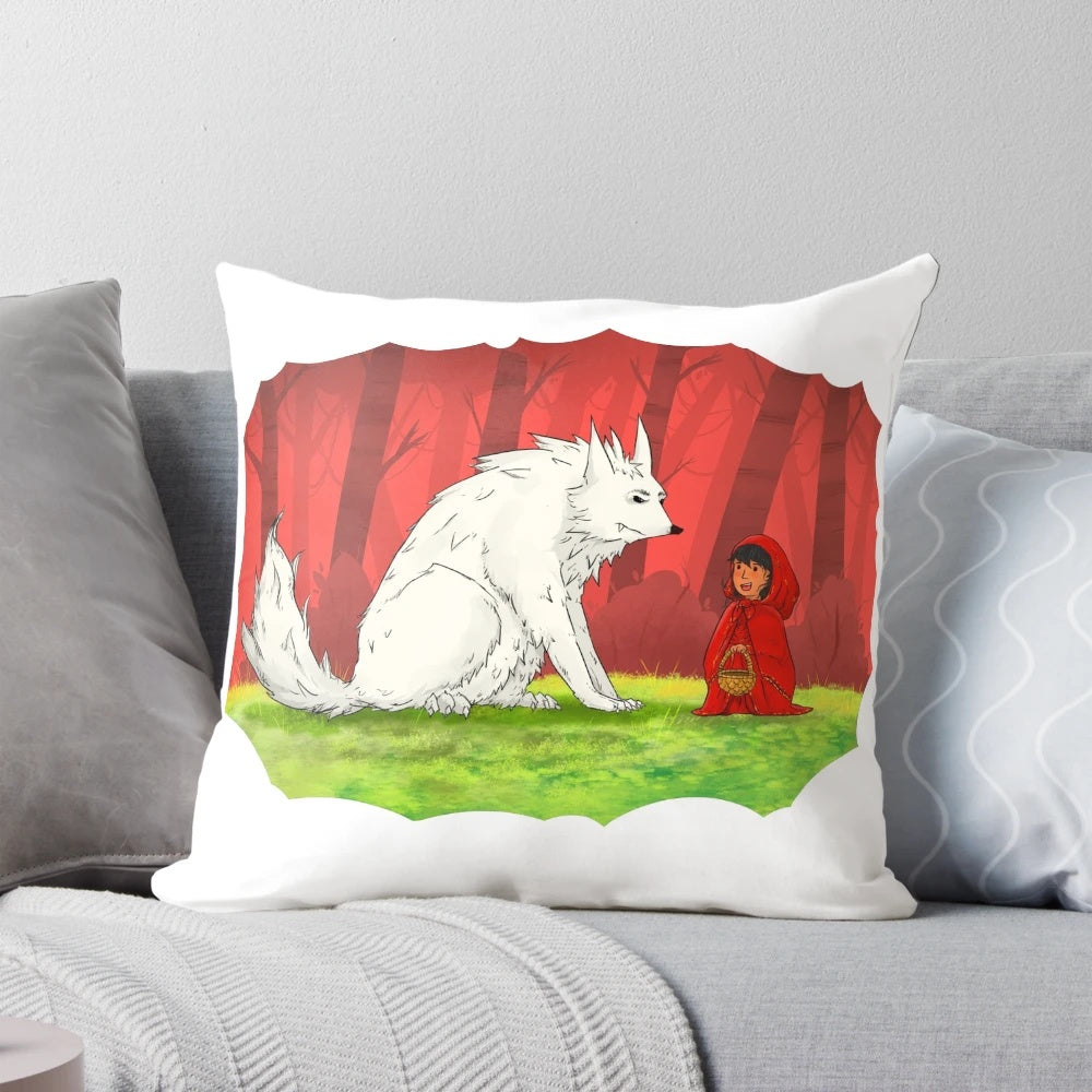 Whimsical pillow design featuring a girl and a wolf in a serene forest setting