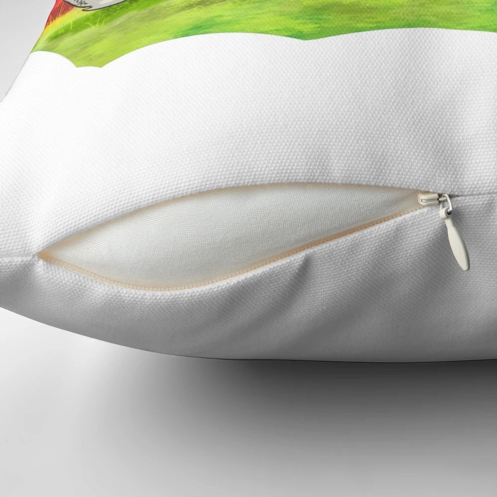 Whimsical pillow design featuring a girl and a wolf in a serene forest setting
