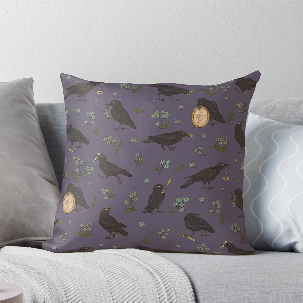 Raven and crow decorative pillow featuring a fairytale-inspired design