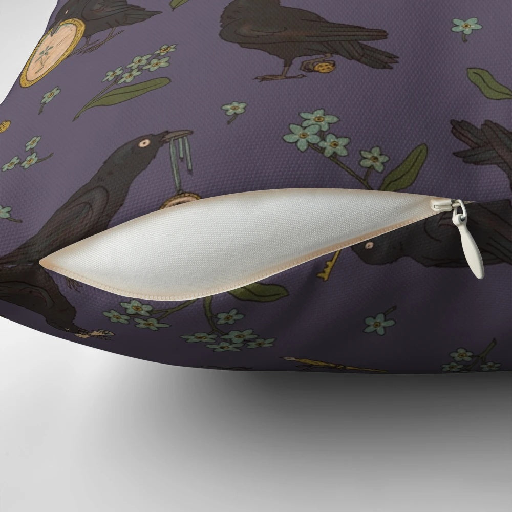 Raven and crow decorative pillow featuring a fairytale-inspired design