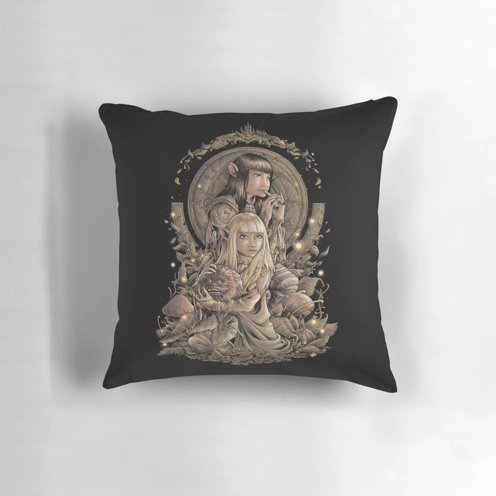 A decorative throw pillow featuring the iconic "The Great Conjunction" scene from The Dark Crystal, a beloved fantasy film by Jim Henson.