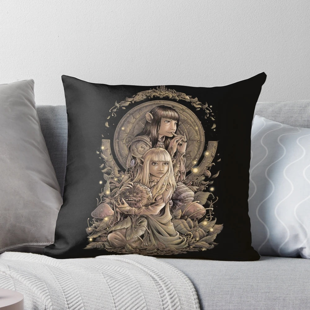 A decorative throw pillow featuring the iconic "The Great Conjunction" scene from The Dark Crystal, a beloved fantasy film by Jim Henson.