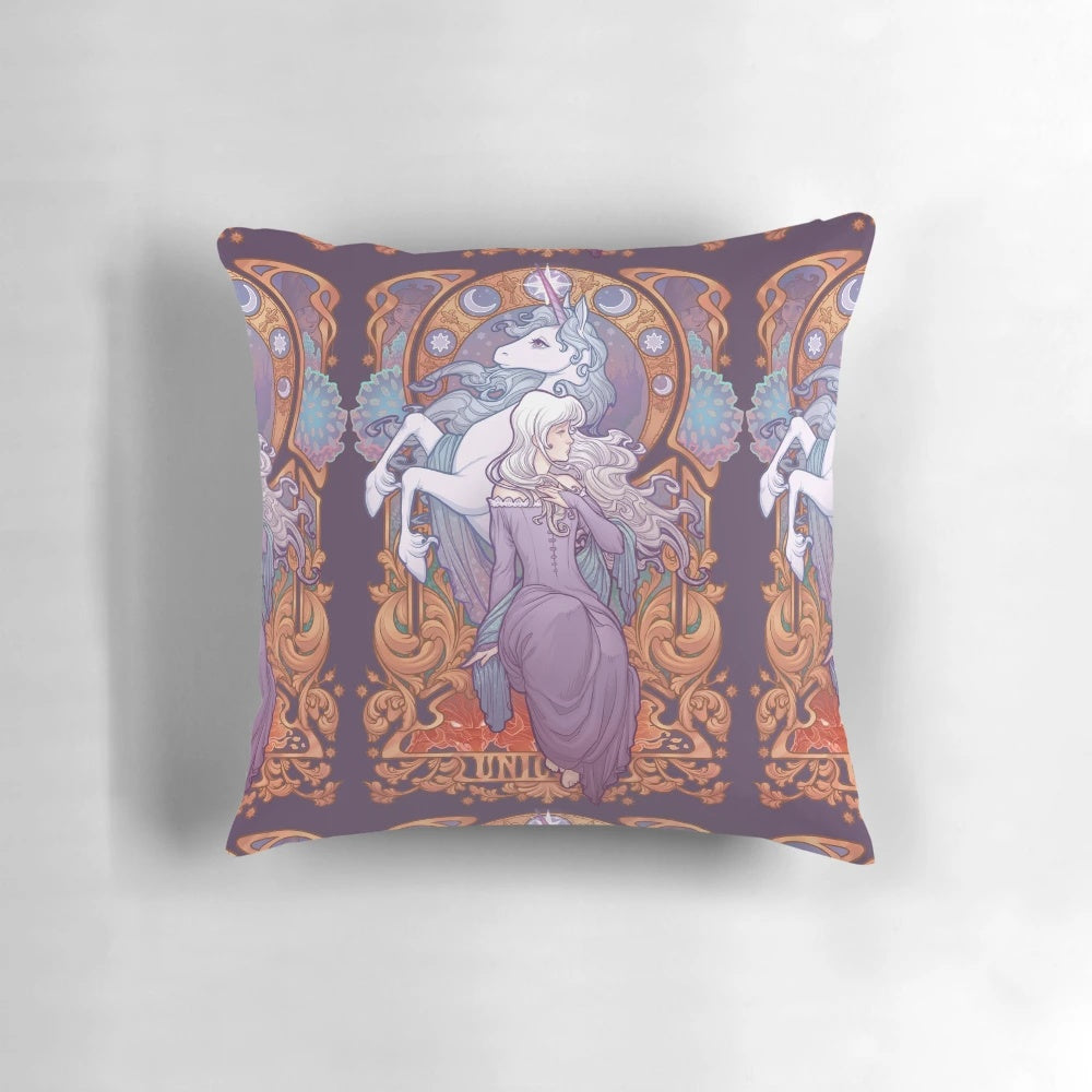 Vibrant art nouveau style throw pillow featuring the character Lady Amalthea from the classic 1980s animated film The Last Unicorn.