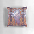 Vibrant art nouveau style throw pillow featuring the character Lady Amalthea from the classic 1980s animated film The Last Unicorn.