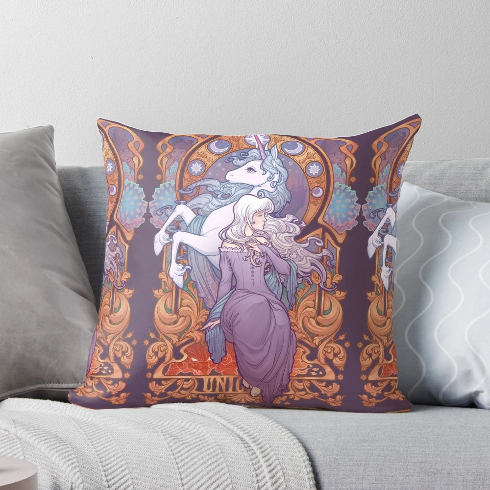 Vibrant art nouveau style throw pillow featuring the character Lady Amalthea from the classic 1980s animated film The Last Unicorn.