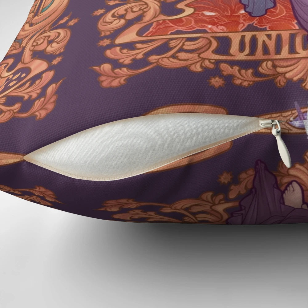 Vibrant art nouveau style throw pillow featuring the character Lady Amalthea from the classic 1980s animated film The Last Unicorn.