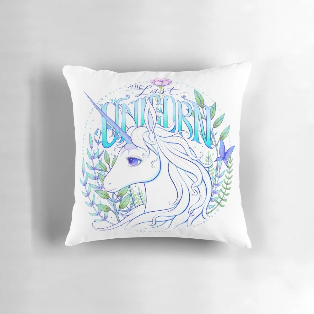 Colorful "The Last Unicorn" inspired pillow with a whimsical unicorn design