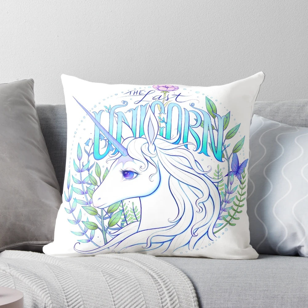 Colorful "The Last Unicorn" inspired pillow with a whimsical unicorn design
