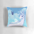 Soft, glowing unicorn pillow featuring characters from the beloved 80s animated film "The Last Unicorn"