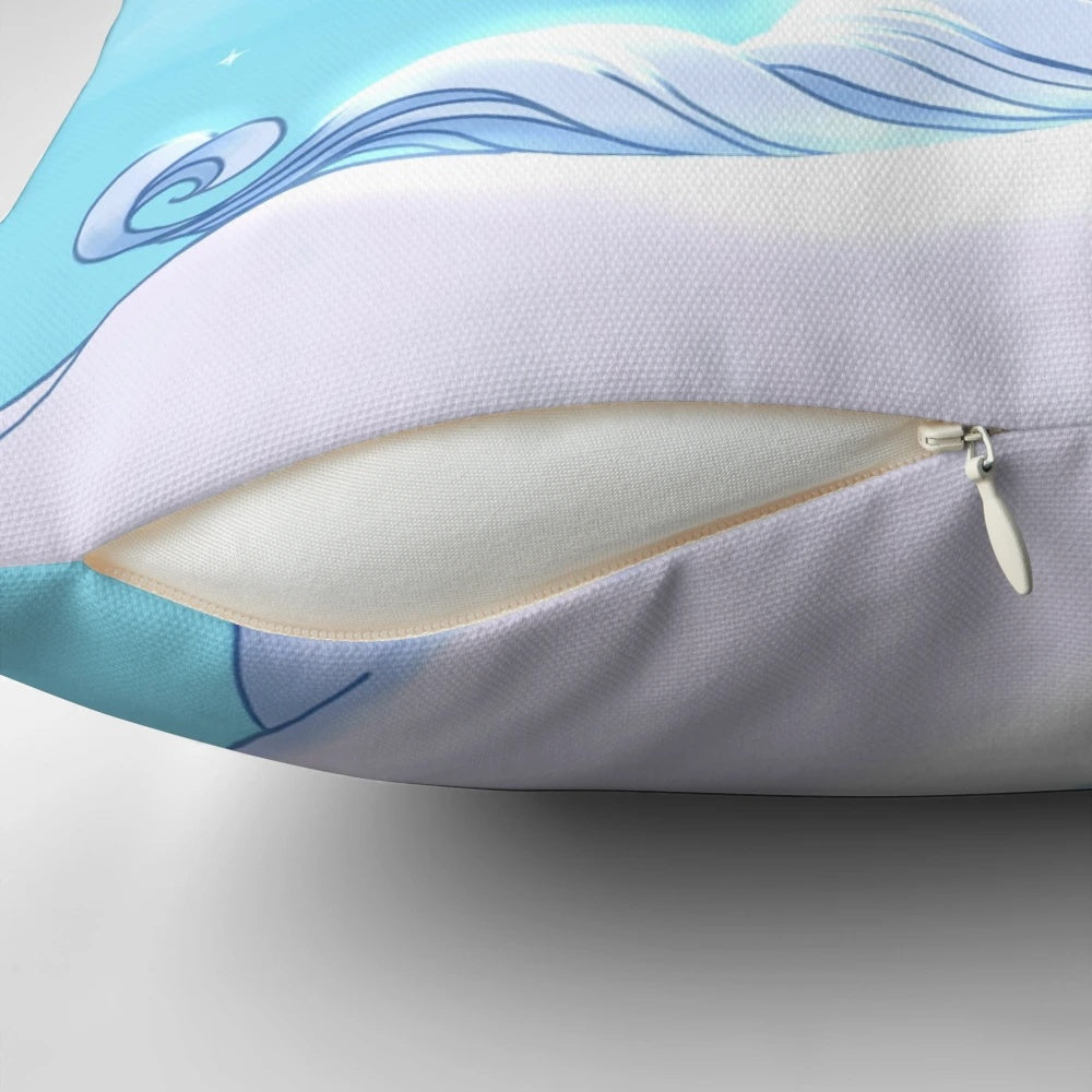 Soft, glowing unicorn pillow featuring characters from the beloved 80s animated film "The Last Unicorn"