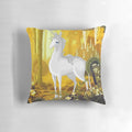 The Last Unicorn throw pillow featuring the iconic unicorn character Amalthea from the classic 1980s fantasy animation film.
