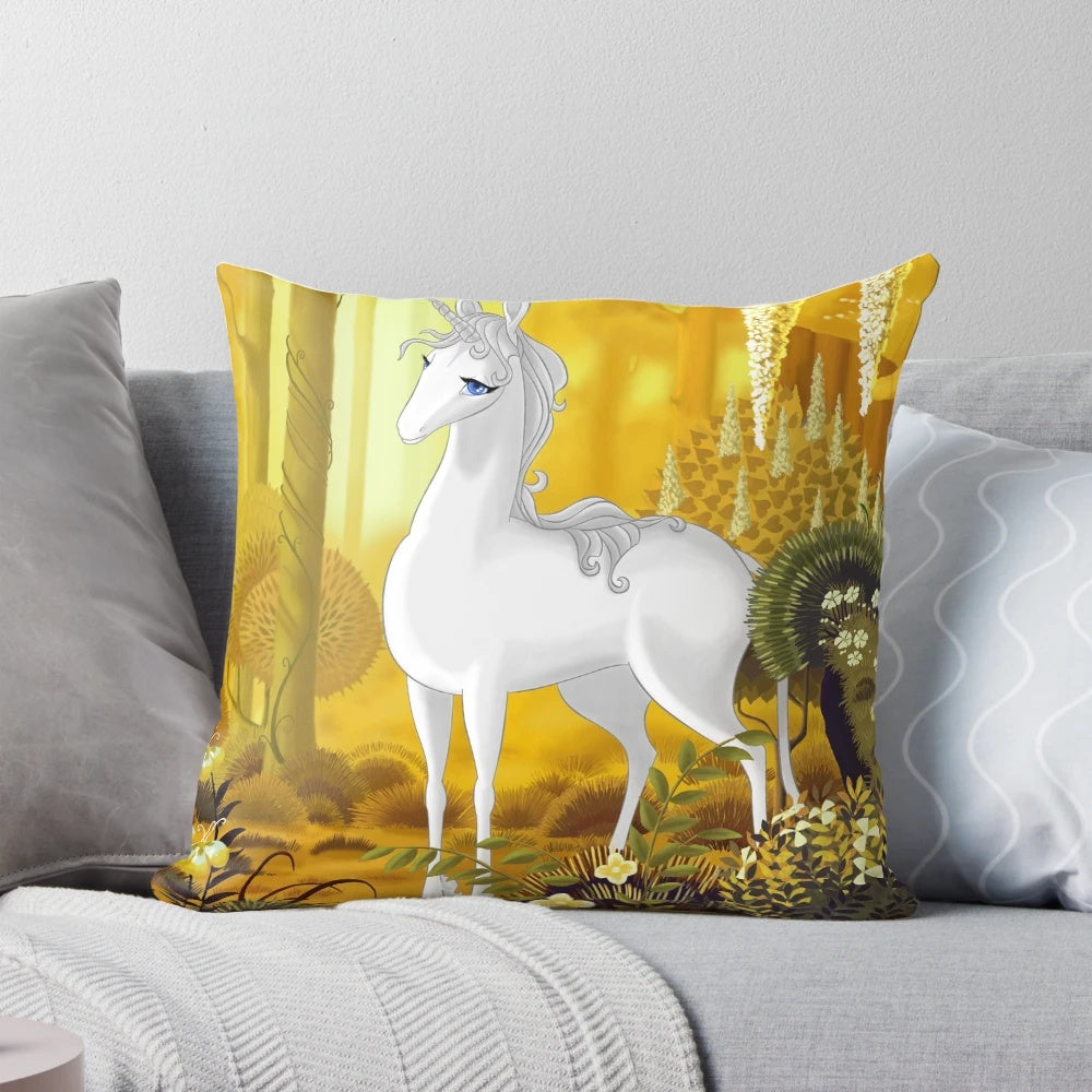 The Last Unicorn throw pillow featuring the iconic unicorn character Amalthea from the classic 1980s fantasy animation film.
