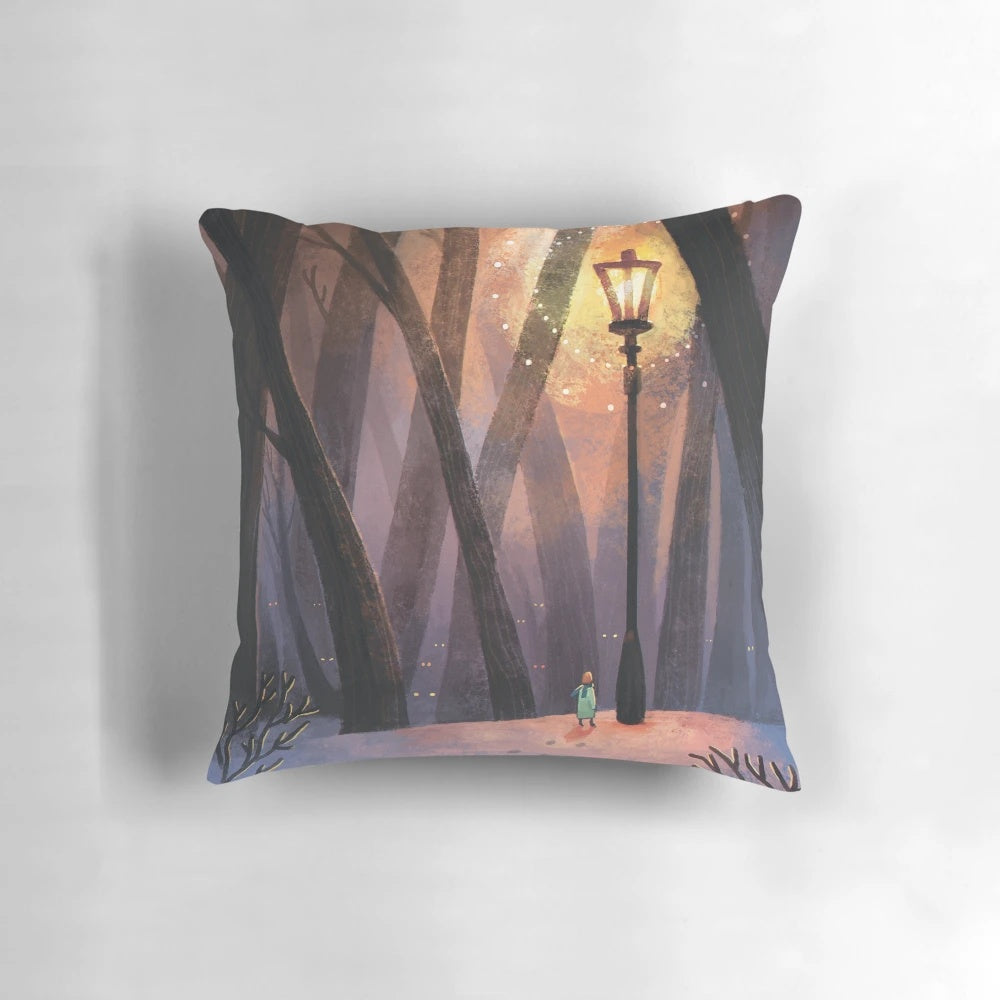 Cozy "The Lion, The Witch and The Wardrobe" themed pillow featuring characters from the Chronicles of Narnia fantasy series