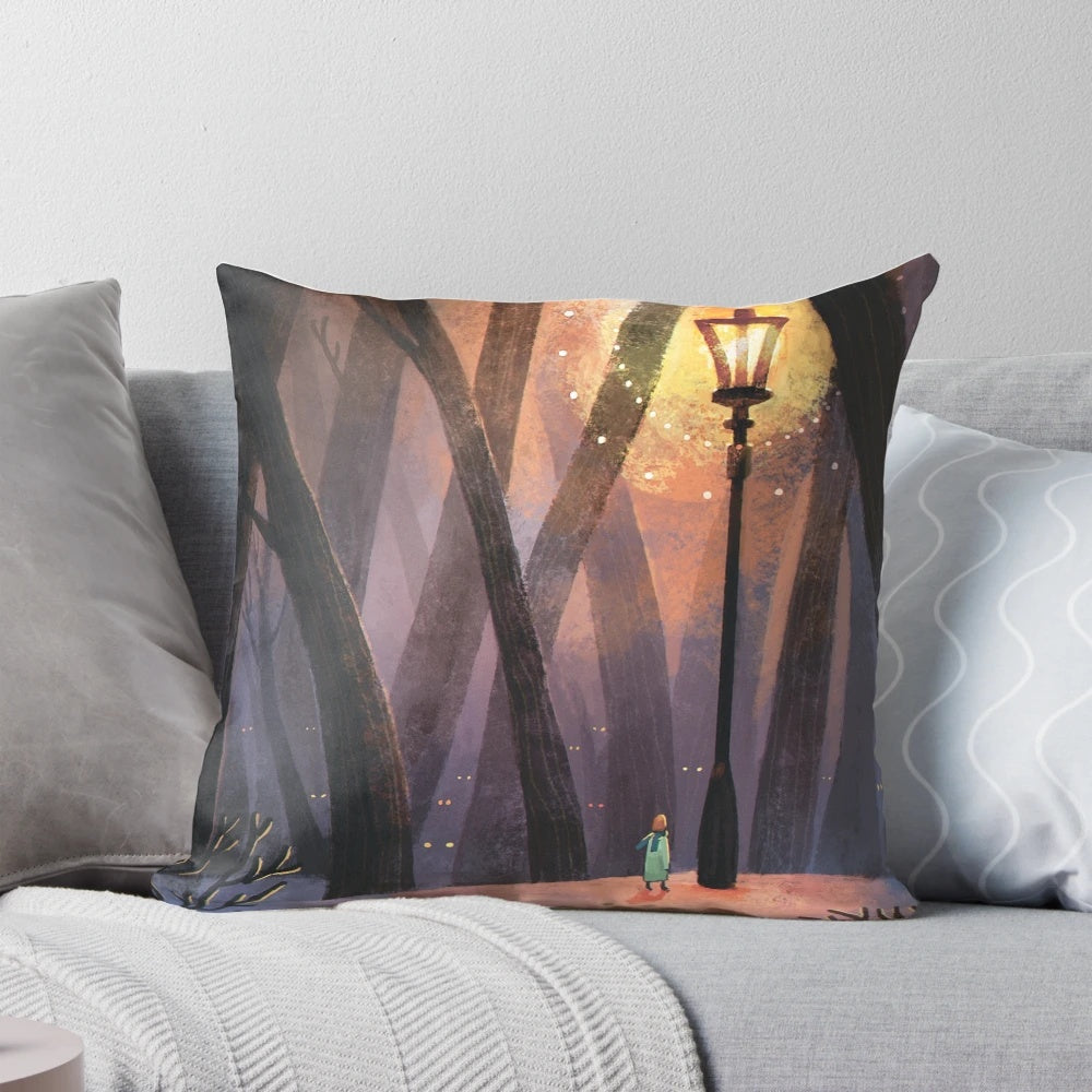 Cozy "The Lion, The Witch and The Wardrobe" themed pillow featuring characters from the Chronicles of Narnia fantasy series