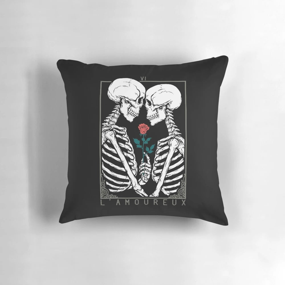 Decorative throw pillow featuring "The Lovers" tarot card design with a gothic, occult-inspired floral and skull motif.