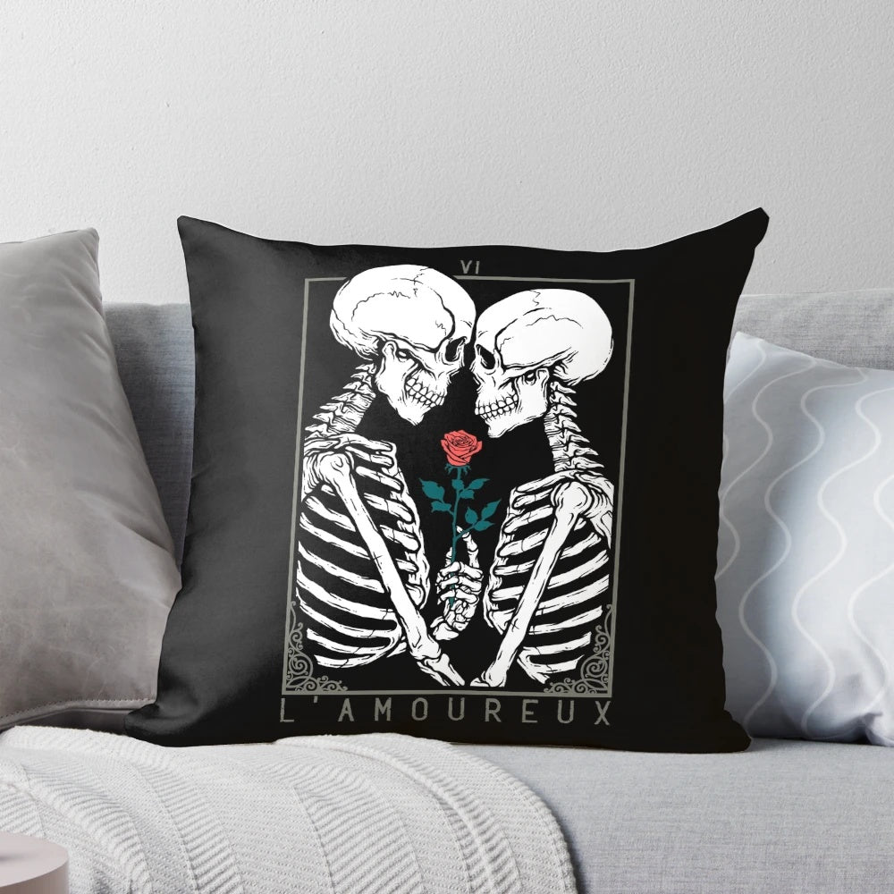 Decorative throw pillow featuring "The Lovers" tarot card design with a gothic, occult-inspired floral and skull motif.