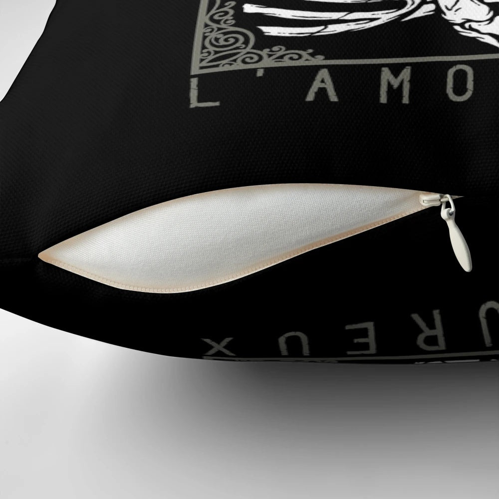 Decorative throw pillow featuring "The Lovers" tarot card design with a gothic, occult-inspired floral and skull motif.