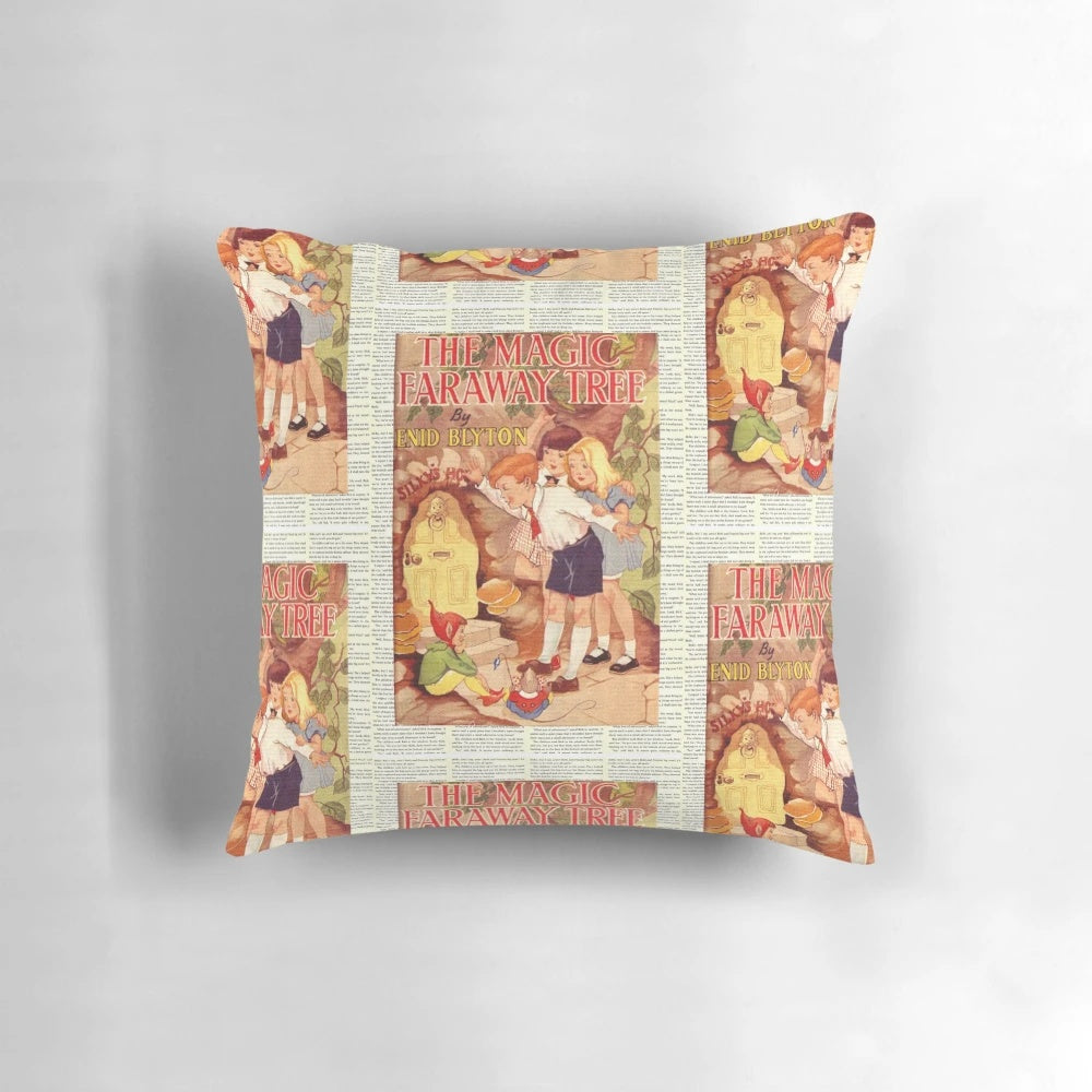 Vintage-inspired book cover pillow featuring the cover of "The Magic Faraway Tree" by Enid Blyton